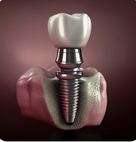 Implante dental de titanio integrado en el hueso, con su corona